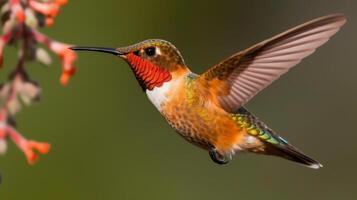 el hermosa en peligro de extinción de color herrumbre colibrí - selasforo rufus - generativo ai. foto