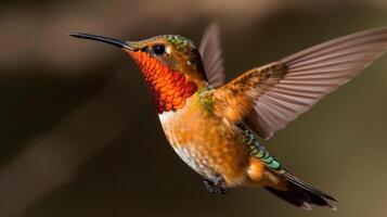 el hermosa en peligro de extinción de color herrumbre colibrí - selasforo rufus - generativo ai. foto