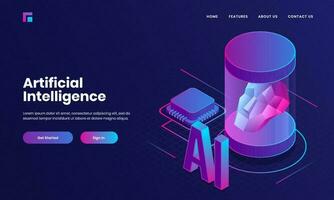 Landing page or web poster design with 3D text AI, processor chip and human robotic face for Artificial Intelligence concept. vector