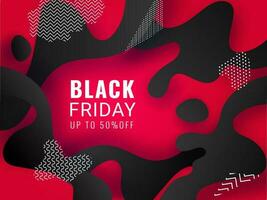 Stylish Black Friday Sale poster or banner design with 50 discount offer on paper fluid art black and red background. vector