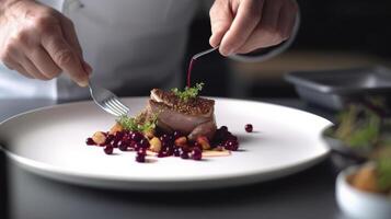 Pan fried pink duck onto a bed of parsnip puree with seasonal autumn vegetables Illustration photo