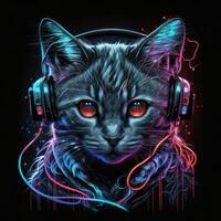 Cute cat in headphones T-shirt. Illustration photo