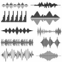 Set of black vector sound waves, equalizer and music icons, white background