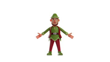 3D illustration. Cheerful Elf 3D cartoon character. Elf boy spread his hands. Elf smiled and was happy to be able to entertain many people. 3D cartoon character png