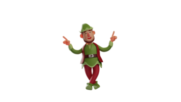 3D illustration. Adorable Elf 3D cartoon character. Elf pointed up. Elf bent and crossed his legs. Elf smiled at all who were looking at him. 3D cartoon character png