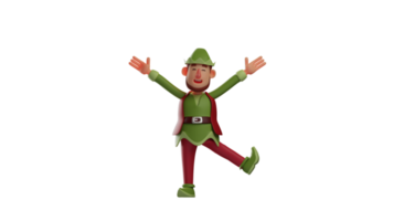 3D illustration. Happy Elf 3D cartoon character. Elf stretched his arms up. Elf raised one leg to the side. Elf smiled sweetly. 3D cartoon character png