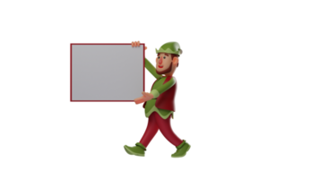 3D illustration. Clever Elf 3D cartoon character. Elf carried the whiteboard using both hands. Elf smiled and was about to explain something using the board. 3D cartoon character png