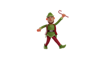 3d Illustration. das glücklich Elf 3d Karikatur Charakter. Elf mit ein Gehen Pose. Elf hält ein rot und Weiß Stock Süßigkeiten und zeigt an ein heiter Ausdruck. 3d Karikatur Charakter png