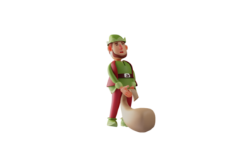 3D Illustration. Tired Elf 3D cartoon character. Elf pulled a sack containing many prizes. Elf is doing his job and showing exhausted expressions. 3D cartoon character png