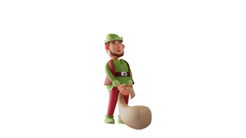 3d illustratie. moe elf 3d tekenfilm karakter. elf getrokken een zak met veel prijzen. elf is aan het doen zijn baan en tonen uitgeput uitdrukkingen. 3d tekenfilm karakter png