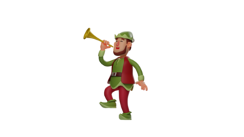 3D Illustration. Attractive Elf 3D cartoon character. Elf is playing the trumpet with pleasure. Elf jumped and showed his expression that was very happy. 3D cartoon character png