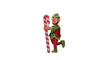 3D Illustration. Excited Elf 3D cartoon character. Elf holds a giant stick candy. Elf smiled cheerfully while lifted one leg back. 3D cartoon character png