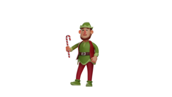 3D Illustration. Handsome Elf 3D cartoon character. Elf carries a small stick candy. Elf looked forward carefully. Elf showed a small smile expression. 3D cartoon character png