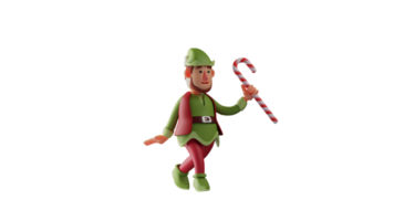 3D Illustration. Funny Elf 3D cartoon character. Elf is giving a show. Elf walked slowly while carrying a candy stick. Elf smiled sweetly to all who saw him. 3D cartoon character png