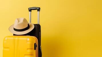 Suitcase with summer hat background. Illustration photo