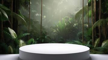 White empty podium in jungle forest. Illustration photo
