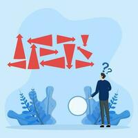 uncertain concept, Confusion, complex dilemma or problem, frustration or decision making, chaos, lack of understanding, confused frustrated businessman looking at direction arrow with question mark. vector