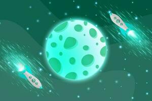 Green turquoise or teal planets in outer space with satellites, falling meteor and asteroids in dark starry sky. Galaxy, cosmos, universe futuristic fantasy vector