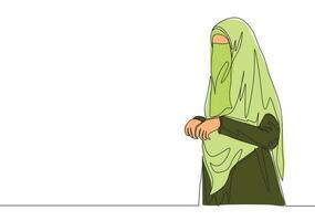 uno soltero línea dibujo de joven hermosa bonito medio este muslimah vistiendo burka con velo. tradicional belleza árabe mujer niqab paño concepto continuo línea dibujar diseño vector ilustración