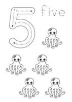 Flashcard number 5. Preschool worksheet. Black and white octopuses. vector