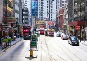 HONG KONG - JUNE 08, 2015-Public transport on the street in Hong Kong. daily travelers use public transport. Trams also a major tourist attraction. photo