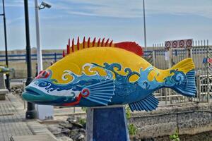 colorful fun fish monuments in the port of Corralejo, Spain photo