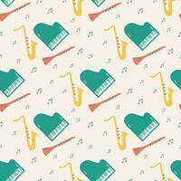 Vector seamless pattern of musical jazz instruments with notes. Isolated on beige background orchectra - piano, saxophone, clarinet.