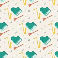 Vector seamless pattern of musical jazz instruments with notes. Isolated on beige background orchectra - piano, saxophone, clarinet.