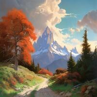 pintura por sargento y rhads y leyendecker y greg hildebrandt noche cielo, bajo trueno nubes sendero con arboles a indio verano ai generado foto