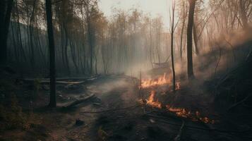 Forest fire in the forest. The concept of disaster and ecology,Burning dry grass and trees in the forest photo