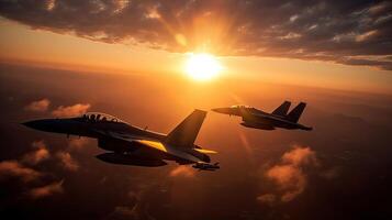 Militar aircraft flying over the clouds in amazing sunset. . photo