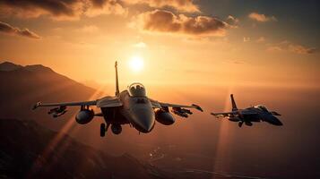 militar aeronave volador terminado el nubes en increíble puesta de sol. generativo ai. foto