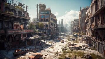 Post-apocalyptic ruined city. Destroyed buildings, burnt-out vehicles and ruined roads. photo