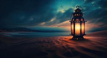 ramadan islamic lantern on desert background, in the style of romantic moonlit seascapes, blue and amber, mysterious dreamscapes, decorative paintings, Illustration photo