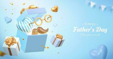 3d Father's day sales poster design. Illustrated with the opened gift box along with some festive decorations. Concept of sending love and surprise for dads. vector