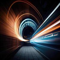 A bus is moving along a city street with long exposures of the lights on the bus and the building behind the train. the bus transportation system, high-speed. photo