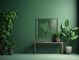 a green wall with flowers and plants behind a blank frame, in the style of poster, interior scenes, photobashing, environmentally inspired, hinchel or, industrial-inspired, Illustration Generative AI photo