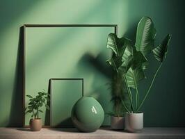 a green wall with flowers and plants behind a blank frame, in the style of poster, interior scenes, photobashing, environmentally inspired, hinchel or, industrial-inspired, Illustration photo