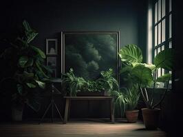 a green wall with flowers and plants behind a blank frame, in the style of poster, interior scenes, photobashing, environmentally inspired, hinchel or, industrial-inspired, Illustration photo