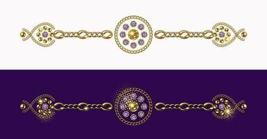 Vintage jewelry border line, divider made of gold ball beads, purple rhinestones, gems, gold chains on white and violet background. Vector design element