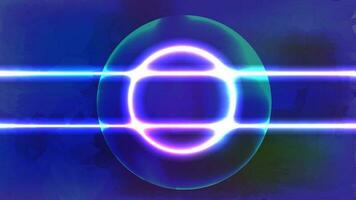 Photo abstract pathway with neon light circle reflecting, A bright neon circle in front. neon lights background theme.