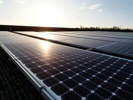 Solar Panels farm or solar call farm on green hills field and blue sky background .energy and eco environment concept .focus on first solar panel. . photo