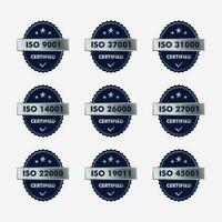 Set of ISO Certification stamp and labels quality management system, ISO 9001, ISO 22000, ISO 14001 vector