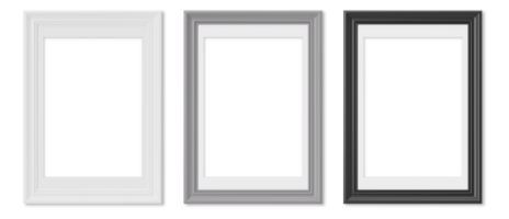 Set of vertical picture frames on transparent background, as png. White, gray and black frames with passepartout. Template, mock up for your picture, poster, artwork presentation. 3d render. png