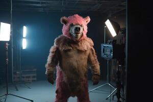 A photo of a pink brown pig-bear-man character