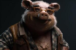 A photo of a pig-bear-man character wearing glasses