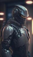 Ultra realistic 3d illustration of a policeman wearing a futuristic robot costume, photo