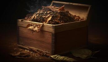 illustration of tobacco leaves in a wooden box, photo