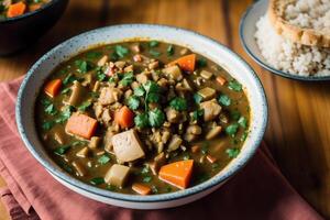 Curry with chicken and vegetables in a bowl on a wooden table. Gumbo. Vegetable soup. Seafood soup photo