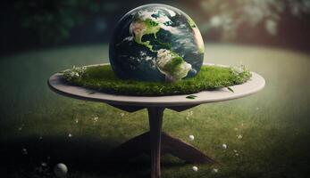 ilustración de planeta tierra en el mesa y hierba,globo en el mesa hierba, generativa ai foto